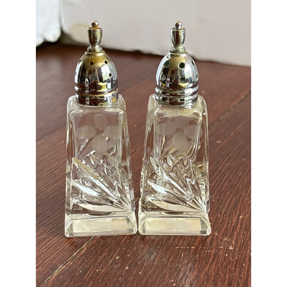 Vintage Etched Glass Salt and Pepper Shakers Set Square Clear Fan Floral Design